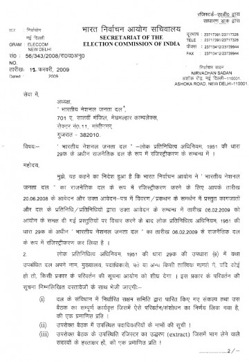 Bharatiya National Janata Dal Registration Letter in Hindi Page-1